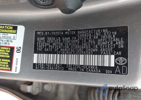 2018 Toyota Corolla Le из США, поврежденный, VIN 2T1BURHE5JC055293